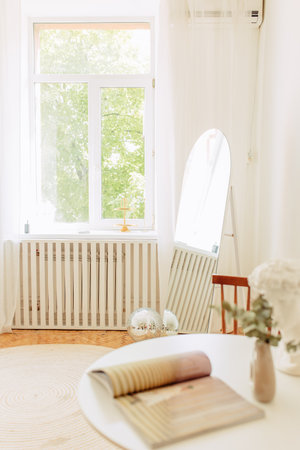 Interior of light living room with sofas, rattan table and soft carpetの写真素材