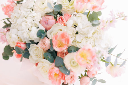 Interior of light living room with sofas, rattan table and soft carpetの写真素材
