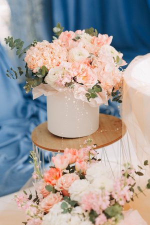 Interior of light living room with sofas, rattan table and soft carpetの写真素材