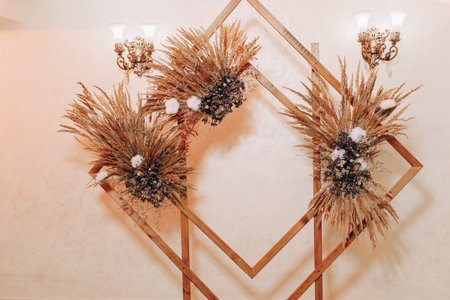 Ripe wheat fields natural landscape at sunset. farm harvest season.の写真素材