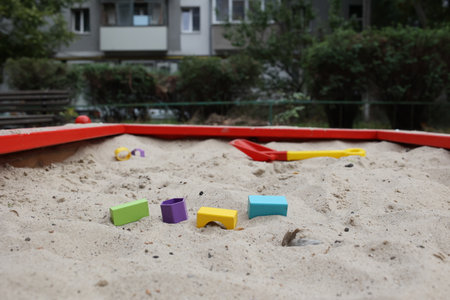 Sandbox with various outdoor toys. Sandbox for childrens games. Summer concept.の写真素材