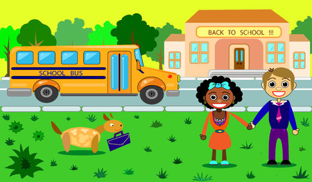 The cool Vector school building with school bus and schoolchildren. Vector consists of 3 layers: school, school bus and children with a dog.のイラスト素材