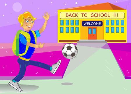 The cool Vector back to school with school building and schoolchildren. Vector consists of 2 layers: schoolboy, school building.のイラスト素材