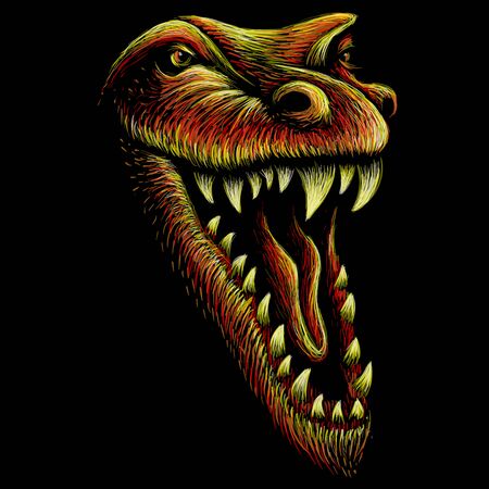 The Vector logo dragon  or dinosaur on black cloth for T-shirt print  design or outwear.  Hunting style reptile background. This drawing would be nice to make on the black fabric or canvasのイラスト素材
