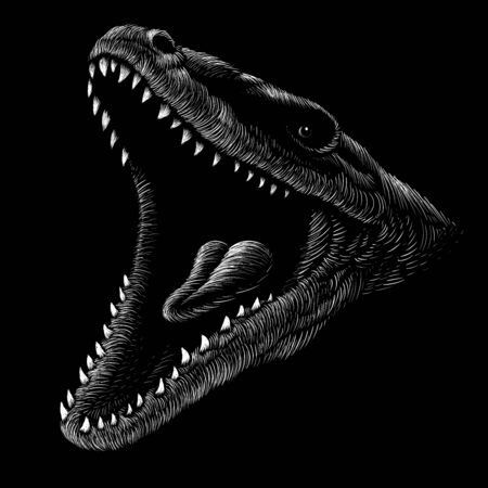 The Vector logo dragon  or dinosaur on black cloth for T-shirt print  design or outwear.  Hunting style reptile background. This drawing would be nice to make on the black fabric or canvasのイラスト素材