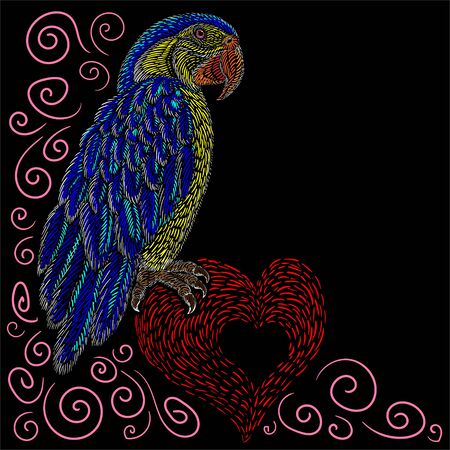 parrot for tattoo or T-shirt design or outwear.  Cute print style parrot background. This drawing is for black fabric or canvasのイラスト素材
