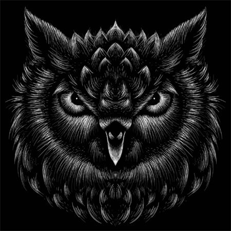 The Vector logo owl for tattoo or T-shirt design or outwear.  Hunting style owl background. This drawing would be nice to make on the black fabric or canvasのイラスト素材