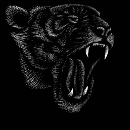 The Vector logo tiger for tattoo or T-shirt design or outwear.  Hunting style tigers print on black background. This drawing is for black fabric or canvasのイラスト素材