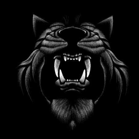 The Vector  lion for tattoo or T-shirt print design or outwear.  Hunting style lions background. This drawing would be nice to make on the black fabric or canvasのイラスト素材