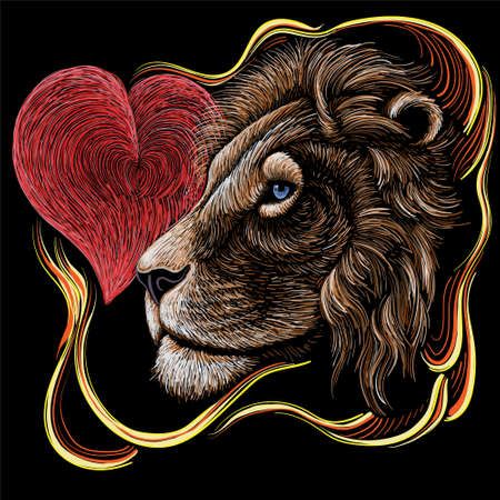 The Vector logo lion for tattoo or T-shirt print design or outwear. Hunting style lions background. This drawing would be nice to make on the black fabric or canvasのイラスト素材