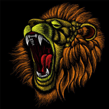 The Vector logo lion for tattoo or T-shirt print design or outwear. Hunting style lions background. This hand drawing would be nice to make on the black fabric or canvasのイラスト素材