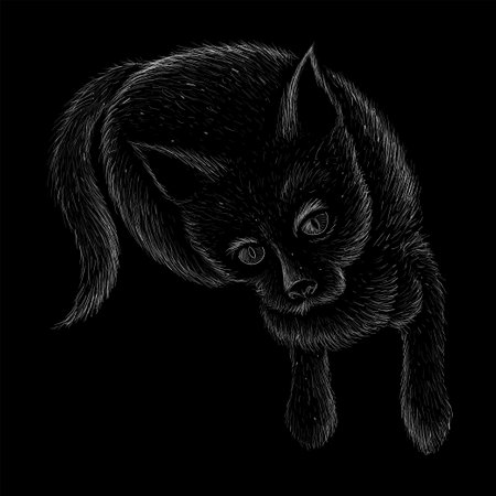 Cat vector art illustration T-shirt apparel tattoo design or outwear. Cute print style kitten background. This hand drawing would be nice to make on the black fabric or canvas.のイラスト素材