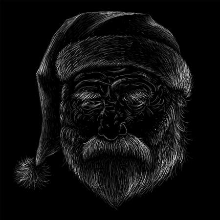 The Vector Santa Claus head for tattoo or T-shirt design or outwear. Cute print style Santa background. This drawing would be nice to make on the black fabric or canvasのイラスト素材