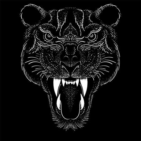 The Vector  tiger or lion head for tattoo or T-shirt design or outwear. Hunting style big cat print on black background. This hand drawing is for black fabric or canvasのイラスト素材