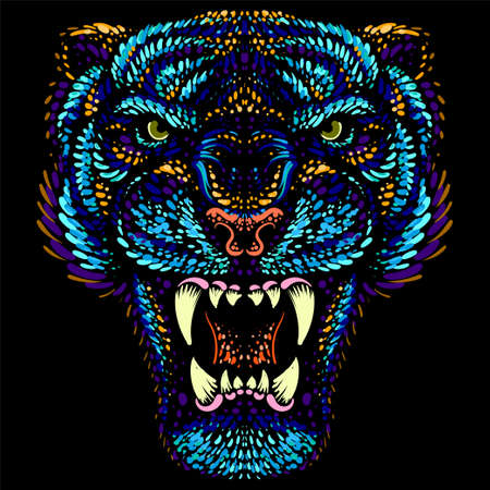 The Vector  tiger for tattoo or T-shirt design or outwear. Hunting style big cat print on black background. This hand drawing is for black fabric or canvas. New Year of the Blue Water Tiger 2022のイラスト素材