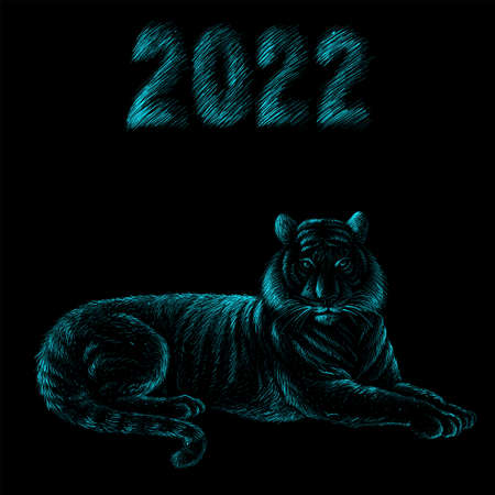 The Vector  tiger for tattoo or T-shirt design or outwear. Hunting style big cat print on black background. This hand drawing is for black fabric or canvasのイラスト素材