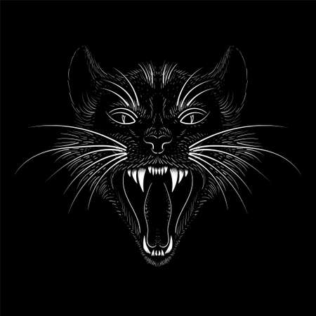 cat for tattoo or T-shirt design or outwear. Cute print style cat background. This hand drawing would be nice to make on the black fabric or canvasのイラスト素材