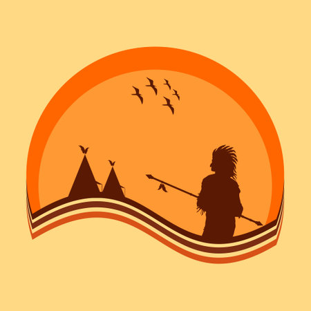illustration of native american day suitable for use on native american day event with apache people and view of their houseのイラスト素材