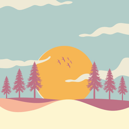 pine trees landscape background design vector illustration with sun viewのイラスト素材