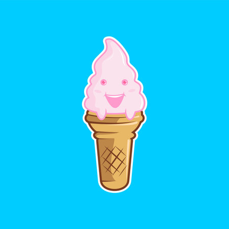 cute ice cream cartoon vector illustration in waffle cone with happy face hand drawn styleのイラスト素材