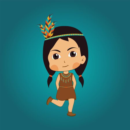 cute native american indian girl vector illustration, cute indian american girl character cartoon designのイラスト素材