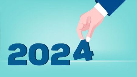 happy new years 2024 illustration, illustration of someone's hand arranging the numbers 2024, suitable for use when celebrating the new year flat design vector illustrationのイラスト素材