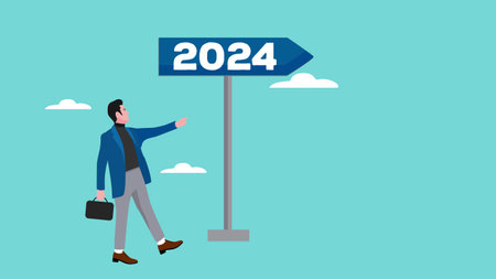 illustration of a businessman who will enter 2024 for a better business plan, new plan in 2024, happy new year flat design vector illustrationのイラスト素材