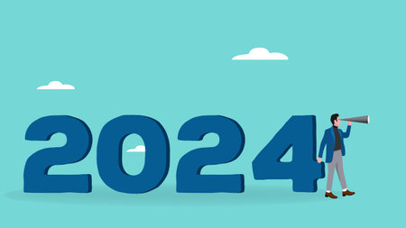 illustration of a businessman who will enter 2024 for a better business plan, new plan in 2024, happy new year flat design vector illustrationのイラスト素材