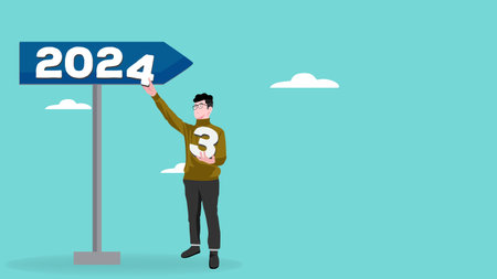 Illustration of someone putting the number 4 to 2024 to celebrate the new year, happy new year 2024 flat design vector illustrationのイラスト素材