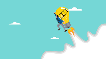 success businessman driving light bulb rocket suitable for describe about knowledge for success concept, creativity knowledge to achieve success, finding solution, knowledge is success key conceptのイラスト素材