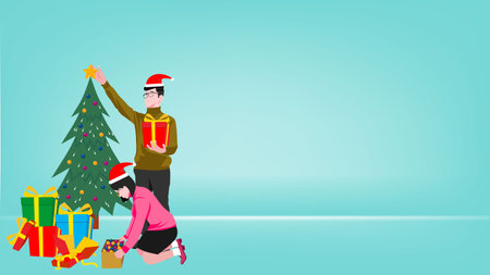a couple is preparing for Christmas celebrations with christmas tree flat design vector illustration, family christmas party cartoon, couple with santa claus hats suitable for christmas day eventのイラスト素材