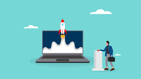 businessman launch rocket illustration with concept of business start up launching products with rocket symbol, business startup, Illustration of a businessman pressing a button to launch a rocketのイラスト素材