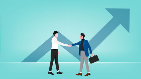 business agreement, cooperation in business to achieve certain targets, with an illustration of two business people shaking hands, growth or progress to achieve goal and targetのイラスト素材