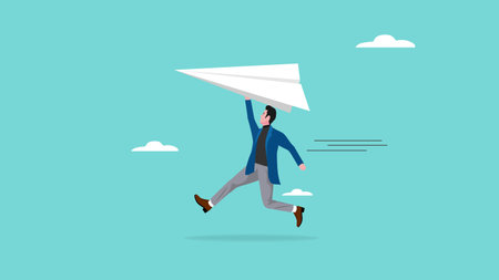 businessman throwing paper plan while sending email, email subscription to send newsletter for product promotions and updates, business launching concept, online communication illustration flat styleのイラスト素材