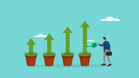 business and financial growth illustration with the concept of a businessman watering plants on a business financial tree diagram, growing business graph tree concept vector illustration flat styleのイラスト素材