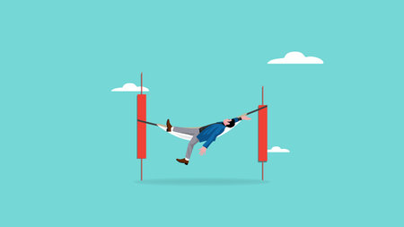 businessman falls from hammock tied on red bar graph of investment, economic crash, investing failure or mistake, price drop, recession, investment risk concept, stock price decline concept vectorのイラスト素材
