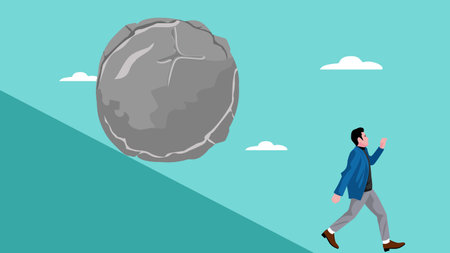 illustration of a businessman running from the rock of problems, investment asset fall down, World economic recession, problem on business, decline concept, Debt problem, finance problemのイラスト素材
