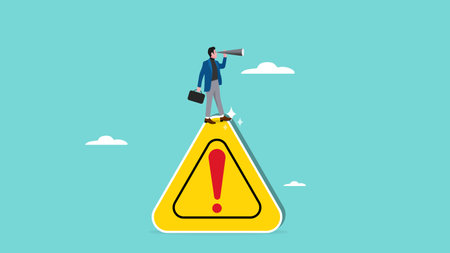 observing risks of business opportunities, business risk, businessman standing on a danger sign while observing using a telescopeのイラスト素材