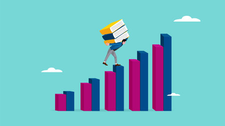effort or work hard to get higher education, success step to achieve higher education, students climb the growth chart while carrying big book concept vector illustration with flat design styleのイラスト素材