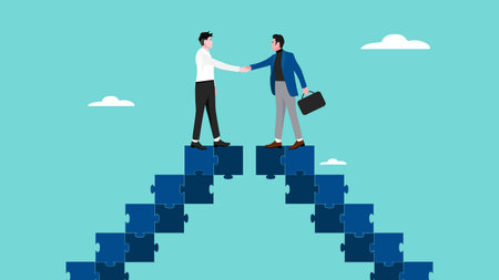 business agreement, cooperation in business to achieve certain targets, growth or progress to achieve goal and target, two business people shaking hands at the top of the ladder from puzzleのイラスト素材