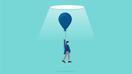 creative idea to achieve business success or financial freedom, strategy or procedure to achieve business success, journey job target action career, businessman flying using a balloon illustrationのイラスト素材