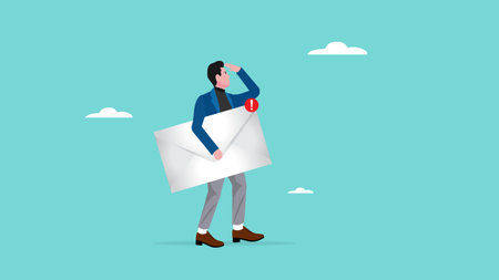 email marketing, looking for customers via email concept, sending email newsletter for discount or promotion information, businessman standing carrying email envelope while looking for a recipientのイラスト素材