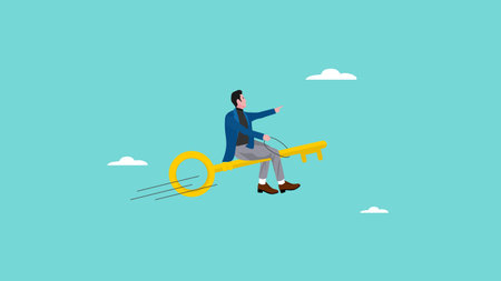 key to success for achieve business target, career achievement or secret for success in work, successful businessman riding golden key to achieve business goal concept vector illustrationのイラスト素材