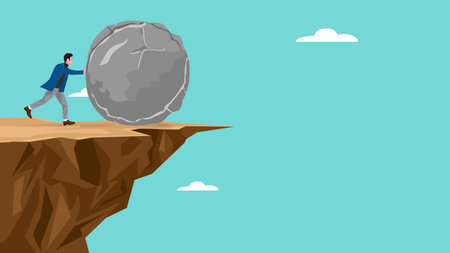 relieve stress or problem illustration, relaxation to relieve anxiety from your brain, Reduce stress concept, stress management, businessman throws a big rock stress into the abyss vector illustrationのイラスト素材