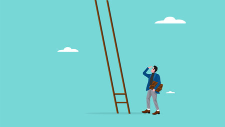 build a ladder to career success, journey to building business success, creative ideas or innovations in solving problems, businessman build a ladder to career success concept vector illustrationのイラスト素材