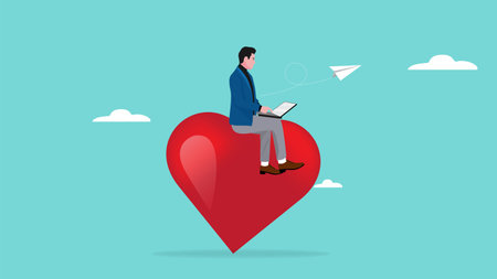 work passion, mindset or attitude to work according to our talents and interests, businessman work with heart, businessman sitting working on heart balloon concept vector illustration with flat styleのイラスト素材