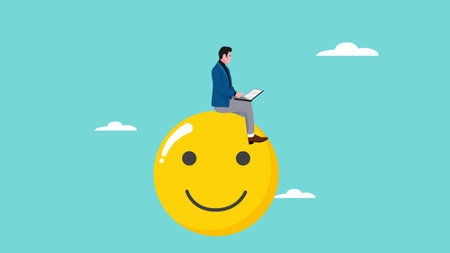 work passion illustration with the concept of a businessman working on a laptop comfortably while sitting on a smiling emoticon, work according to passion, enjoy work concept illustrationのイラスト素材