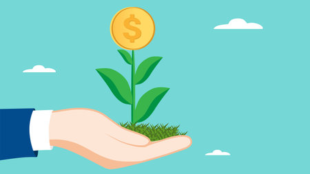 investment dividend growth, Get bigger profits and increase wealth from investments, businessman investor hand holding money flower plant concept vector illustrationのイラスト素材