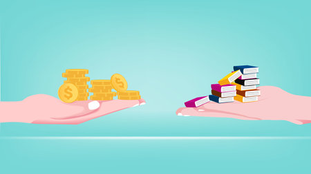 exchanging knowledge or science for money for a business or start up project concept flat design illustration, new business to get money or venture capital to support or sponsor business conceptのイラスト素材