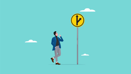 make a decision to choose a career path illustration, choose a path to achieve business goals career success, confused businessman thinking which way to go on folk road sign vector illustrationのイラスト素材